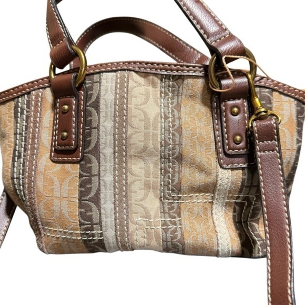 FOSSIL EUC canvas and leather’key’pattern bag muted colors with shoulder strap.